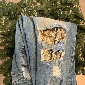 Forever 21 - Plus + Curve Ripped Blue Jeans with Gold Sequin